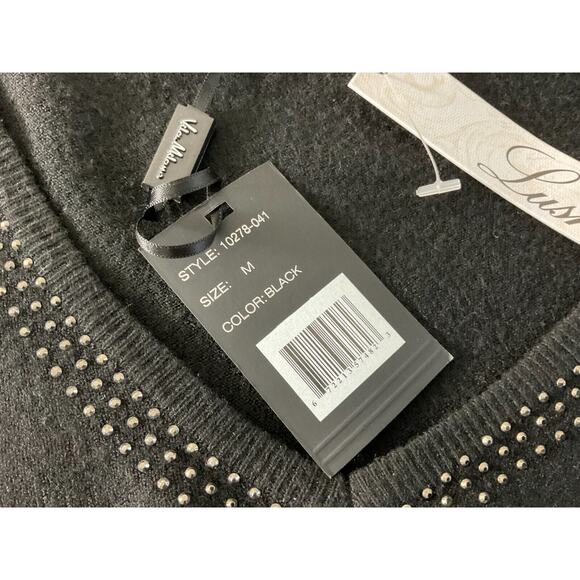 Vita Milano Black Sweater Studded Trim V-Neck Medium New - Picture 8 of 13